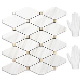 STICKGOO 10 Sheets Peel and Stick Backsplash, Polished Dolomite PVC Mixed Metal Gold Kitchen Backsplash, Stick on Backsplash Wall Tiles for Kitchen, Bathroom, RV