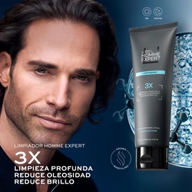 L'BEL - Homme Expert Limpiador para Hombre 120 g, Limpiador Facial en Gel, Antiarrugas, Reduce Brillo y Reduce Oleosidad, con Carbón activado y Ácido salicílico, para Todo Tipo de Piel