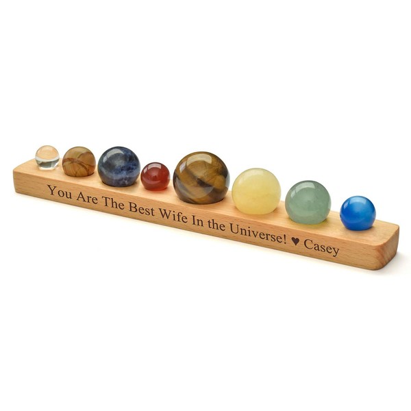 Sunligoo Solar System Planets Office Home Desk Decor Healing Crystals Stones Gift Kit Natural Tumbled Gemstones Ball Set With Wood Stand for Decoration, Chakra Healing, Reiki, Good Luck - Engraving