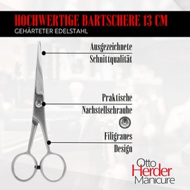 OTTO HERDER® Beard Scissors Men's Beard Scissors 13 cm in Leather Case Made of Rustproof Matte Stainless Steel with One-Sided Micro Teeth and Self-Rotating Key/Beard Scissors for Cutting Beard