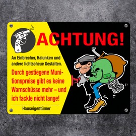 Burglars Metal Sign 15 x 20 cm with Saying Achtung An Einbrecher und Halunken a Warning Sign for Light-shy Designs Motif Comic Style Thief Sign Yellow Black Pistol