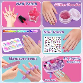 Golray Kids Nail Polish Set for Girls, All-in-One Nail Art Kit - Dryer/ Glitter Powder/ False Nails/ Nail Decals/ Toe Separator/File, Age 3-12 Little Girl Gift Toys