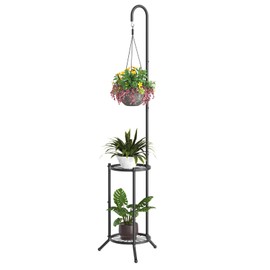 Plant Stand with Hooks Indoor Outdoor Corner Tall Plant Stand Heavy-Duty Metal 3-Tier Plant Shelf Holder Rack for Patio Garden Balcony Living Room Bedroom(semicircular Black)