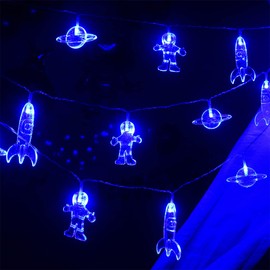Mankinlu 20 LED 11 FT Children's Room LED String Lights for Boys Bedroom with Remote 8 Modes Waterproof Rocket Spaceship Astronaut String lights Battery Operated for Kids Room Tent Birthday Decor Blue