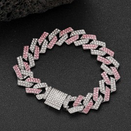 Pink Dog Necklace, Bling Diamond Cuban Link Dog Collars Glitter Rhinestone Puppy Chain For Small Medium Large Pet Dogs, 16-Inch