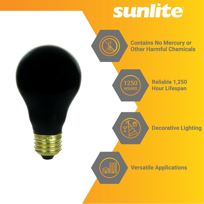 Sunlite 01096 Incandescent A19 Black Light Bulb, 75 Watts, E26