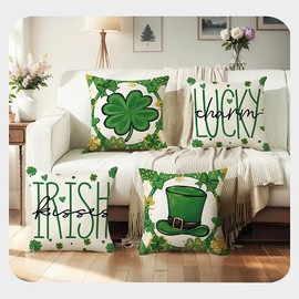IETANG St. Patrick's Day Throw Pillow Cover, 18 x 18 inches, Set of 4, Shamrock Clover Hat Lucky Charm Designs for Home Sofa Couch (Green)