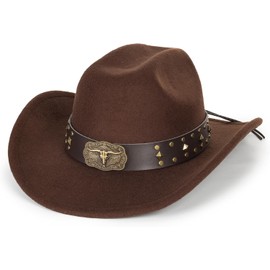 Classic-Western-Cowboy-Hat for Women Men Wide-Brim Felt-Cowgirl-Fedora-Jazz-Hat with Bull Band Brown