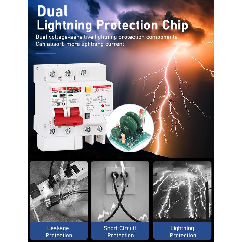 DIHOOL Ground Fault Circuit Breaker with Voltage Surge Arrester Protection,