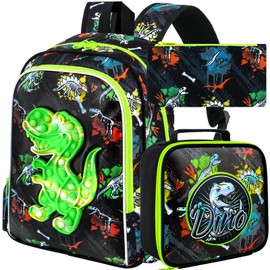 AGSDON 3PCS Dinosaur Backpack for Boys, 16" Kids Backpacks Water Resistant with Lunch Box, Bookbag for Elementary Preschool