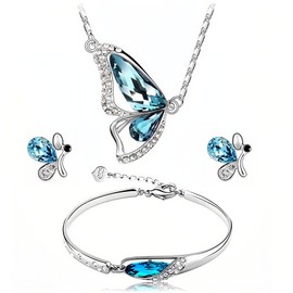 la luen Butterfly Jewelry Set,Blue Butterfly Pendant Necklace Bracelet Earrings for Women