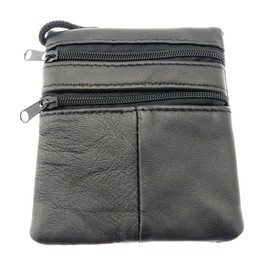 Small Soft Patchwork Leather Neck Purse/Pouch/ID Holder - 2 Zipped Compartments - 1 Transparent Window - BLACK LEATHER