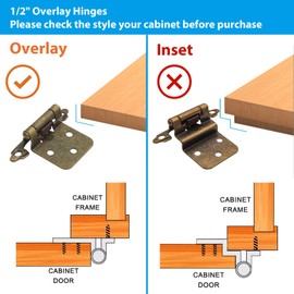 Antique Brass Self Closing Cabinet Hinges for Kitchen Cabinet, 24 Pack(12 Pairs) 1/2" Overlay(Variable) Cabinet Hinge for Cabinet Door, Semi Concealed Face Flush Mount Cabinet Hinges with Screws