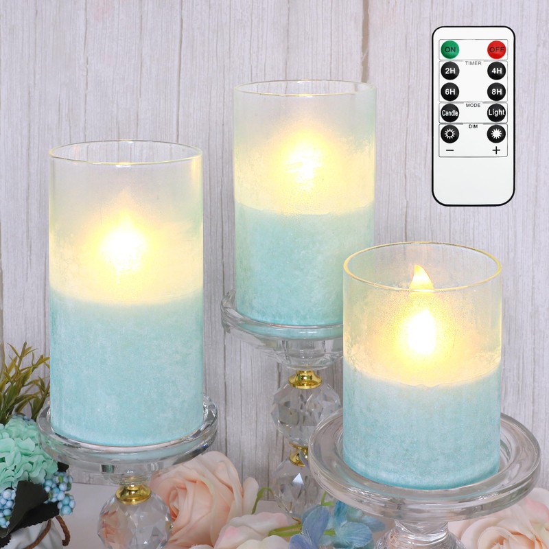 Holitown Glass Flameless Candles Set of 3 Blue Sandblasted Battery