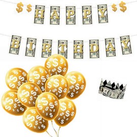 YiiiGoood Money Theme Decoration KIT Dollar Bill Signs Birthday Banner Dollar Bill Crown Hat Currency Symbol Balloons for Birthdays Baby Showers Casino Weddings Bachelorette Retirement Anniversary