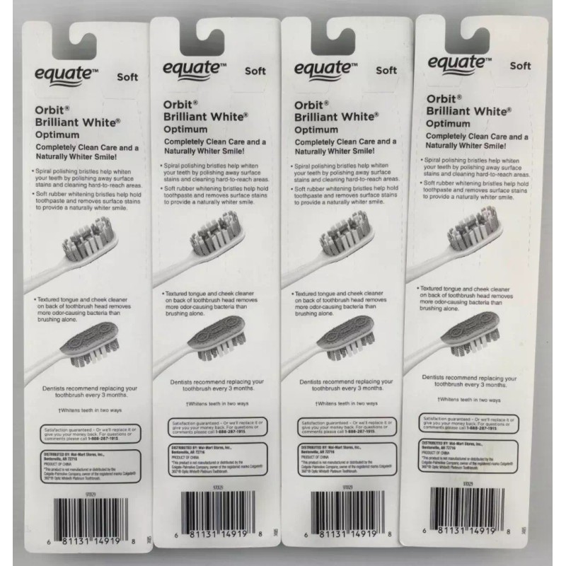 Equate Orbit Brilliant White Optimum Soft Bristle Toothbrush, 4 Pack