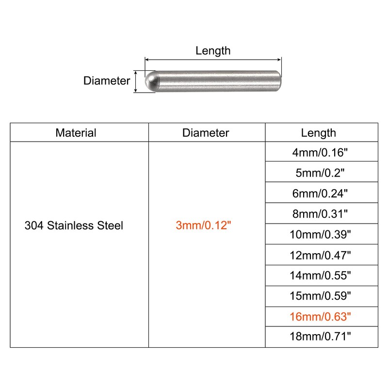 sourcing map 3x16mm Dowel Pins, 10pcs 304 Stainless Steel Round