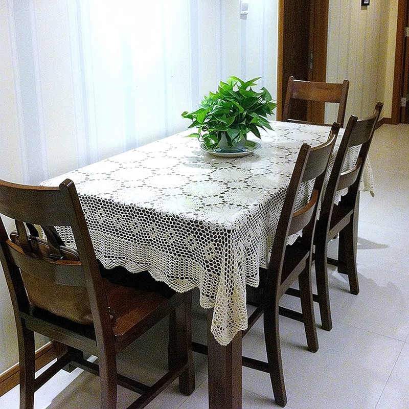 USTIDE Shabby Handmade Crochet Tablecloth Rectangle Romantic Table Cover White