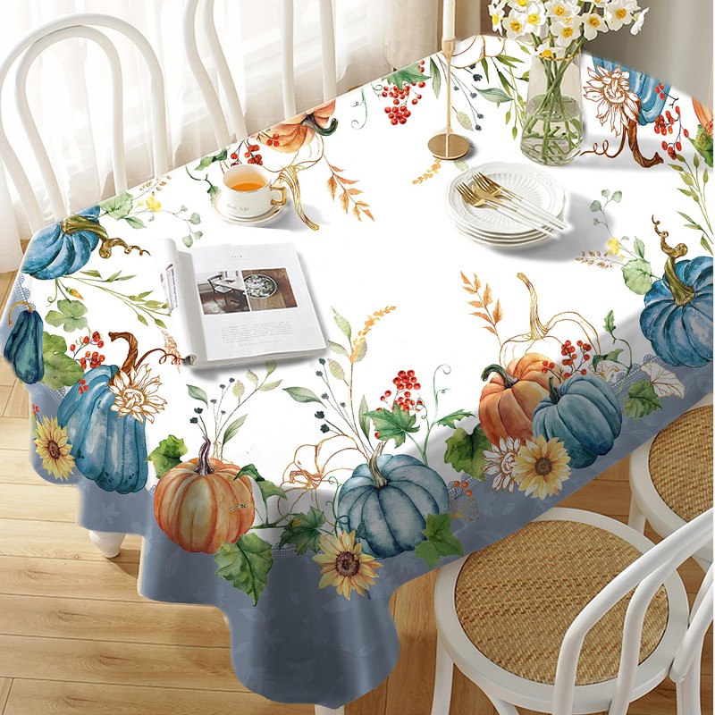 Autumn Oval Tablecloth Thanksgiving Autumn Harvest Blue Pumpkin Sunflower Maple