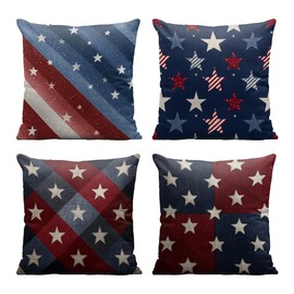 4th of July Pillow Covers 18x18 Inch Set of 4, Star Stripes American Flag Independence Cushion Case Outdoor Sofa Throw Pillows Cover Garden Pillow Covers for Couch Living Room Bed Indoors Home Decor