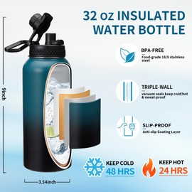 32 oz Insulated Water Bottles - with Straw & Flip Auto Lid, Stainless Steel Water Bottle Shoulder Carrier Bag, Silicone Boot, BPA-Free Metal Water Bottle with Handle Paracord, Sport Gym Mug Flask