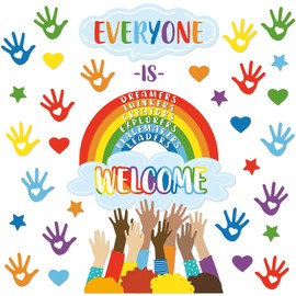 Bright Everyone is Welcome Bulletin Board Colorful Classroom Decorations Positive Motivational Inspirational Affirmation Wall Decor Rainbow Hand Cutouts Set for Kindergarten Elementary Middle School