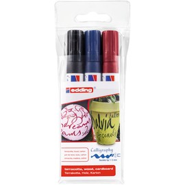 edding 1455 calligraphy marker - set of 3 markers - black, steel blue, crimson lake - flexible calligraphy nib 1-5 mm - fibre pen for paper, wood, terracotta, canvas - hand lettering, bullet journals