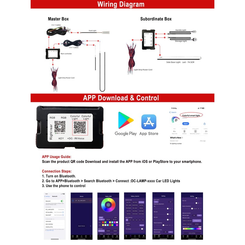 Wireless APP Control Car-Ambient-Lighting-Kit,256 RGB Colors DIY Modes Acrylic Interior