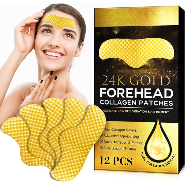 Collagen Forehead Wrinkle Patches, 12PCS 24K Gold Forehead Patches for