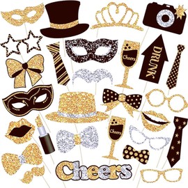 JIALWSJWAN 30pcs Photo Booth Props Set - Black Gold Party Supplies for Weddings, Birthdays Events,Perfect for Graduations, Retirement Parties Celebrations