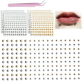 IKOPFLN 4 Sheets of 660 Lip Studs, Fake Nose Studs, Eyebrow Studs, Non-Penetrating Nose Studs, Fake Piercing, with Tweezers, Silver and Gold, Acrylic