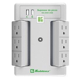 Supresor de Picos Multicontacto Koblenz de Pared, Protección de 2000 Joules, 6 Contactos Giratorios, 1 LED, 2 Puertos USB 2.4A, Protección Platinum, SS-2000 USB, 00-5348-00-8