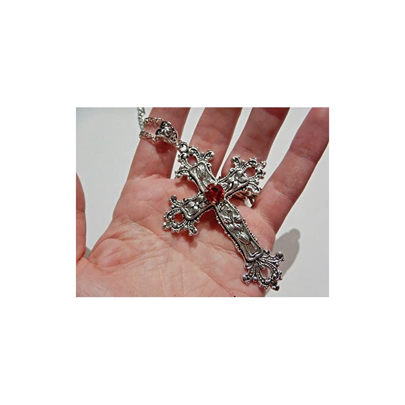 Large Gothic Cross Necklace silver-tone pendant on 24" steel chain