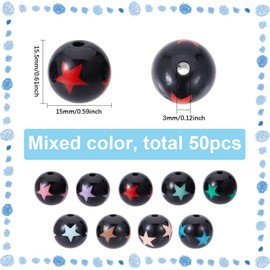 SUNNYCLUE 1 Box 50Pcs Black Acrylic Beads 15mm Large Round Plastic Beads Colorful Stars Pattern Big Chunky Bubblegum Bead for Beadable Pens Beaded Keychain Making Crafting DIY Bracelets Necklaces