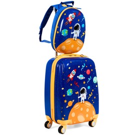 GYMAX 2Pc Kid Carry On Luggage Set, 12" & 18" Kids Suitcase with 4 Spinner Wheels, Travel Rolling Trolley for Boys and Girls, Gift for Toddlers Children (Astronaut)
