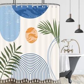GiuMsi - Cortina de ducha estilo boho de mediados de siglo, diseño de hojas y arco solar, patrón minimalista de hojas, tela impermeable y lujosa con 12 ganchos (Azul claro - 183 x 183 cm)