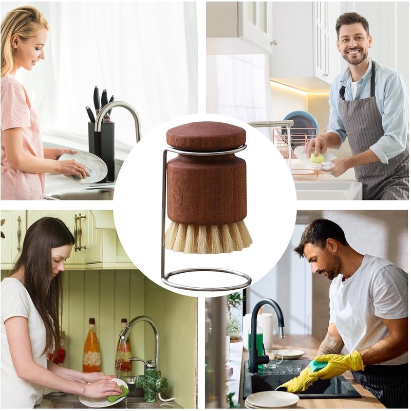 Dish Scrub Brush with Holder - Ergonomic Wooden Kitchen Cleaning