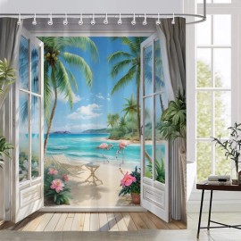 BNYARH Seascape Shower Curtain Beach Tropical Palm Trees Ocean Flamingos Coastal Nat...