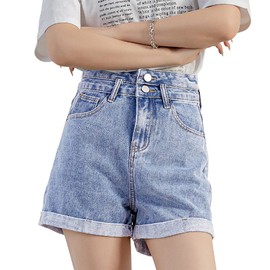 Teddy Women's Denim Shorts, High Waist, Roll-Up, Street, Medium Thick, Spring, Summer, Autumn Pants567, blue, XS