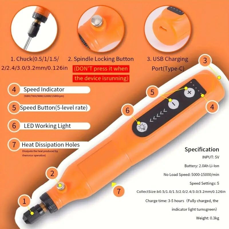 Powerful Mini Cordless Rotary Tool Kit with 5-Speed and USB