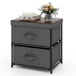 Giantex Nightstand with 2 Fabric Drawers, Small Storage Dresser with Metal Frame and Wood Top for Closet, 2-Drawer Bedside Table with Removable Lid for Bedroom Dorm, Easy Assembly (1, Grey)