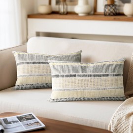 AELS Boho Decorative Striped Lumbar Pillow Covers 12x20, Modern Mid Century Lumbar Support Pillow Cover, Farmhouse Rustic Woven Cushion Case for Bed Couch Sofa, Mustard Yellow Gray