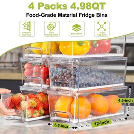 Brippo 4-Pack Refrigerator Drawer Organizer Bins, Clear Stackable Pull Out Fridge Organizers and Storage Container, with Strainer Layer for Fruits, Vegetables, Drinks, Snack and Food