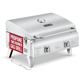 Stainless Steel Gas Grill, Dual 10,000 BTU Burners, 275 Sq.In Cooking Space, Push-to-Start Ignition, Wind-Proof Lid with Built-in Thermometer, Perfect for Camping Tailgates & Backyard BBQ Cookouts