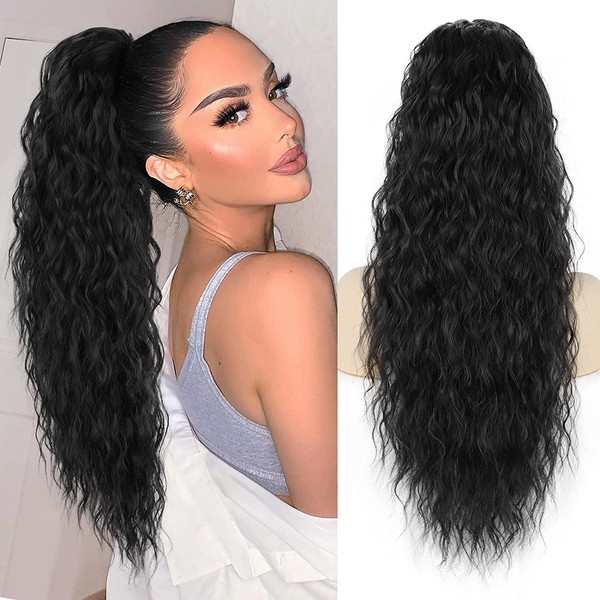 PORSMEER Ponytail Hairpiece Long 76 cm with Drawstring Wavy Curls Ponytail Extension Black Natural Clip in Hairpiece Ponytail Synthetic Hair Braid for Women Afro Braid Black Hair Extensions