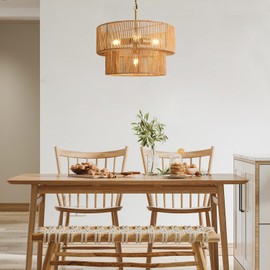 SupMaka 4-Light Boho Rattan Chandelier, 17.8" Rattan Pendant Light with 2-Tier Hand-Woven Shade, Farmhouse Hanging Ceiling Light Fixture for Dining Room, Living Room, Kitchen Island, Foyer