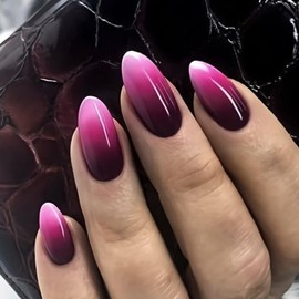 Press on Nails Short Almond Purple&White Gradient False Nails with Designs Full Cover Fake Nails Glossy Stick on Nails Acrylic Nails Handmade Manicure Artificial Nails for Women Girls 24Pcs