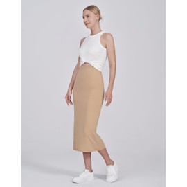 POSHDIVAH Women's Maternity Skirt Over The Belly Midi High Waisted Solid Stretchy Pregnancy Pencil Skirt Khaki Large