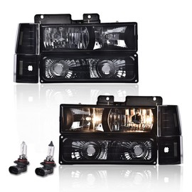 G-PLUS Headlights Assembly, Compatible with 1994 1995 1996 1997 1998 1999 GMC C1500 K1500 Yukon bumper Headlamp, Smoky lens Black Housing Clear Reflector