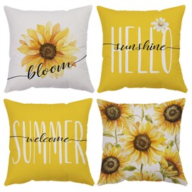 YeeJu Set of 4 Sunflower Pillow Covers 14x14 Soft Velvet Spring Summer Throw Pillow Covers Yellow Floral Cushion Cover Square Pillow Cases for Couch Sofa Patio Outdoor Home Decorations(14 Inch)
